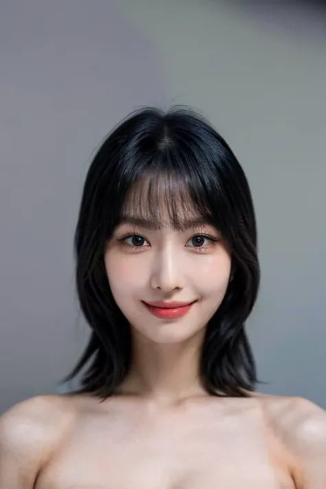 (masterpiece, top quality, best quality, (close-up photograph: 2), ((1girl)), fair skin, (((closed lips))), small eyes, (extremely detailed face), looking straight, ultra-detailed eyes and pupils, ((bare pectorals)), ((bare chest)), bare head, nude dress, (((bare shoulders))), symmetrical frame, ((strapless)), (((smile))), ((symmetrical pose)), looking at viewer, (((looking at viewer))), (symmetrical face: 1.6), 35mm, simple grey background, ((studio lighting)), no watermark, ((long black hair)), bangs, <lora:momolorashy:1>