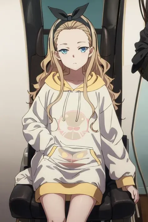 best quality, masterpiece, highres, solo, {kurumi_lycorisrecoil:1.15}, blonde_hair, long_hair, hairband, black_hairband, forehead, hoodie, black_ribbon, blue_eyes, ribbon, closed_mouth, hair_ribbon, white_hoodie, indoors