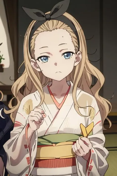 best quality, masterpiece, highres, solo, {yukata:1.40}, {kimono:1.20}, {kurumi_lycorisrecoil:1.15}, blonde_hair, long_hair, hairband, black_hairband, forehead, hoodie, black_ribbon, blue_eyes, ribbon, closed_mouth, hair_ribbon, white_hoodie, indoors