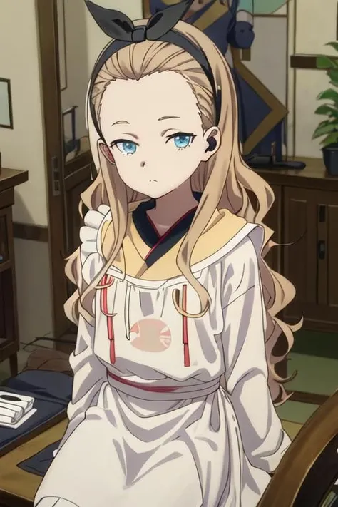 best quality, masterpiece, highres, solo, {maid:1.40}, {long maid dress:1.15}, {kurumi_lycorisrecoil:1.15}, blonde_hair, long_hair, hairband, black_hairband, forehead, hoodie, black_ribbon, blue_eyes, ribbon, closed_mouth, hair_ribbon, white_hoodie, indoors