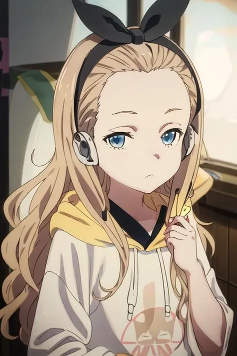 best quality, masterpiece, highres, solo, {kurumi_lycorisrecoil:1.15}, blonde_hair, long_hair, hairband, black_hairband, forehead, hoodie, black_ribbon, blue_eyes, ribbon, closed_mouth, hair_ribbon, white_hoodie, indoors, 1girl, looking_at_viewer, hood, bow_hairband, upper_body, portrait