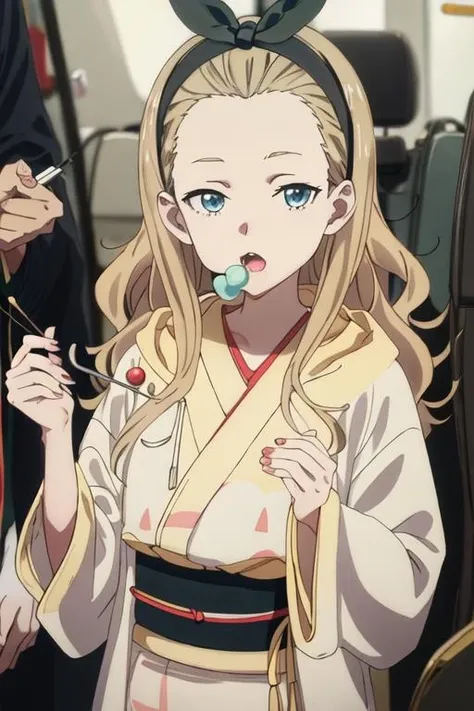 best quality, masterpiece, highres, solo, {kurumi_lycorisrecoil:1.15}, blonde_hair, long_hair, hairband, black_hairband, forehead, hoodie, black_ribbon, blue_eyes, ribbon, closed_mouth, hair_ribbon, white_hoodie, indoors, 1girl, bow_hairband, dango, eating, food, holding, holding_food, japanese_clothes, kimono, open_mouth, teeth, wagashi, sash, upper_body