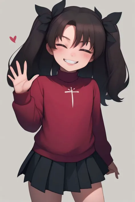 1girl, sharp, masterpiece, detailed, high resolution, best quality, detailed face, cowboy shot, looking at viewer, solo,
BREAK
<lora:EPfsnRin:0.75> , EPfsnRin, perfect lips, rin_tohsaka, tohsaka rin, dark hair, long hair, black hair, two side up, twin-tails, cute girl, adorable child,
BREAK
sweater, long sleeves, red sweater, (black pleated skirt), spoken heart,
BREAK
closed eyes, grin, smile, waving at viewer, <lora:unagedown_V20:-1.5>, age regression, child,