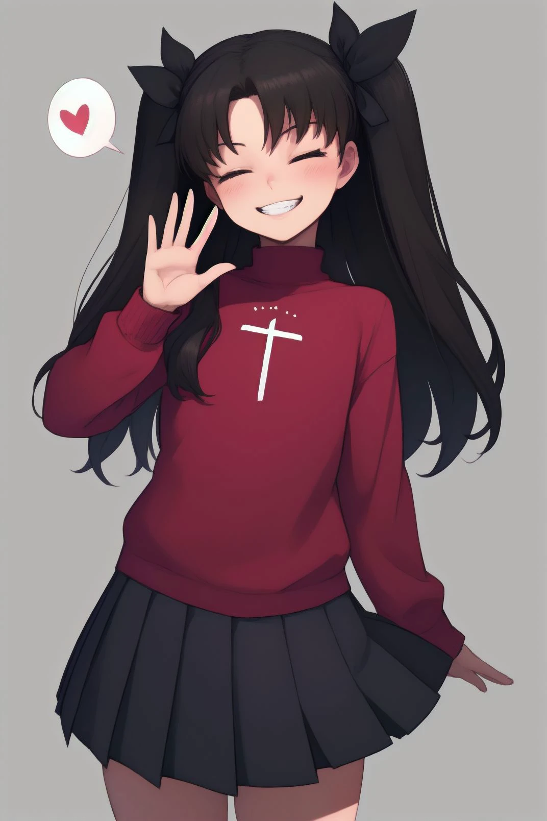 1girl, sharp, masterpiece, detailed, high resolution, best quality, detailed face, cowboy shot, looking at viewer, solo,
BREAK
<lora:EPfsnRin:0.75> , EPfsnRin, perfect lips, rin_tohsaka, tohsaka rin, dark hair, long hair, black hair, two side up, twin-tails, cute girl, adorable ,
BREAK
sweater, long sleeves, red sweater, (black pleated skirt), spoken heart,
BREAK
closed eyes, grin, smile, waving at viewer, <lora:unagedown_V20:-1.5>, age regression, child,