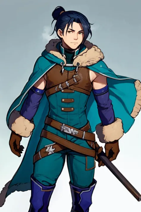 best quality, solo, mature male focus, Standing, <lora:felix-nvwls-v1-final:.9> warFelix, fur trim, capelet, teal jacket, brown gloves, armor, belt, teal pants, thigh boots