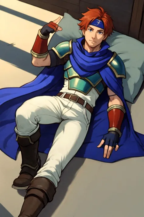 best quality, solo, mature male focus, Lying down, <lora:roy-nvwls-v1-final:.8> feroy, headband, cape, armor, blue tunic, belt, fingerless gloves, white pants, boots
