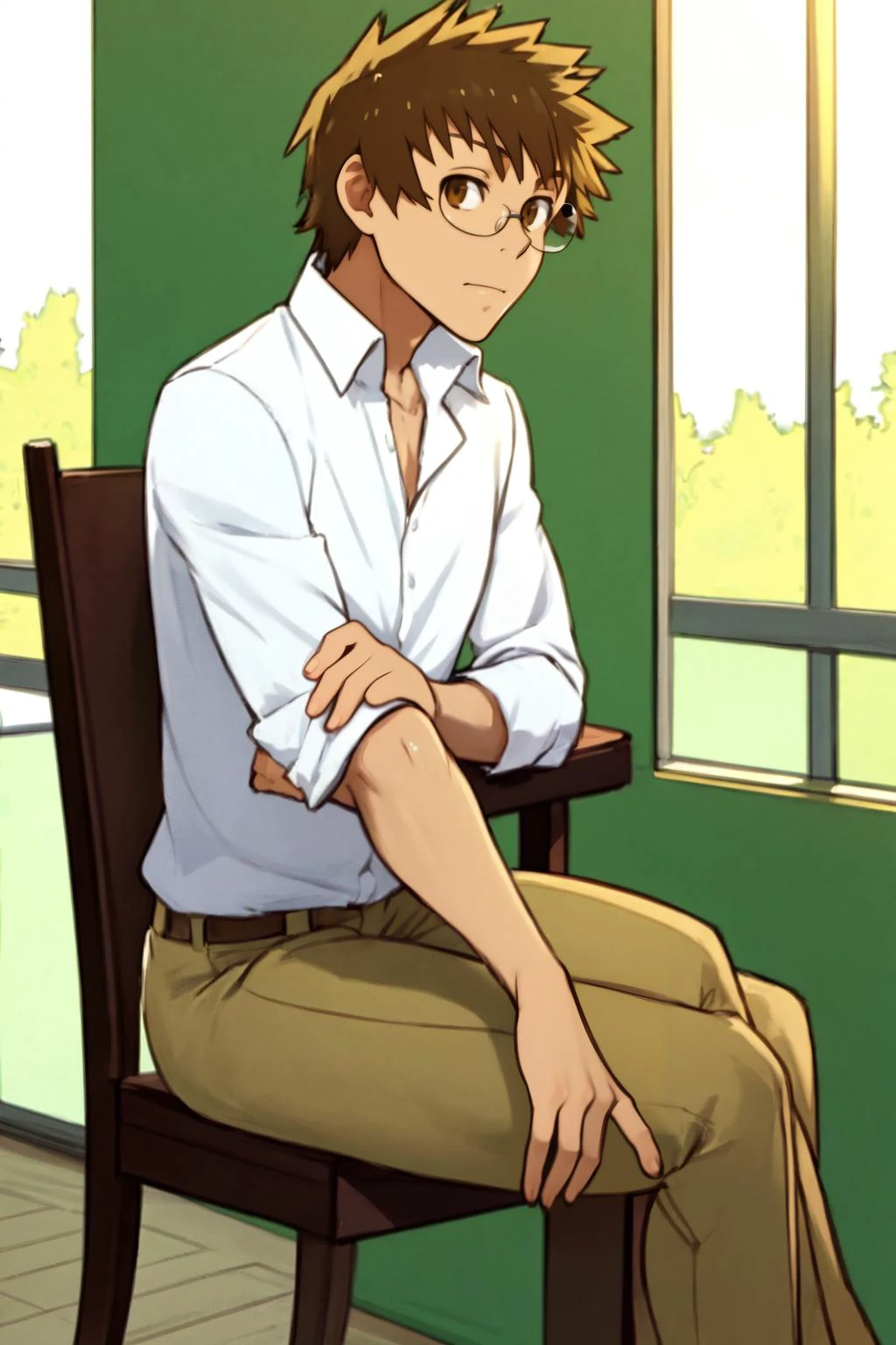 best quality, solo, mature male focus, Sitting down with legs crossed, <lora:shuu_maiko:.8> shuu_maiko, brown hair, glasses, brown eyes