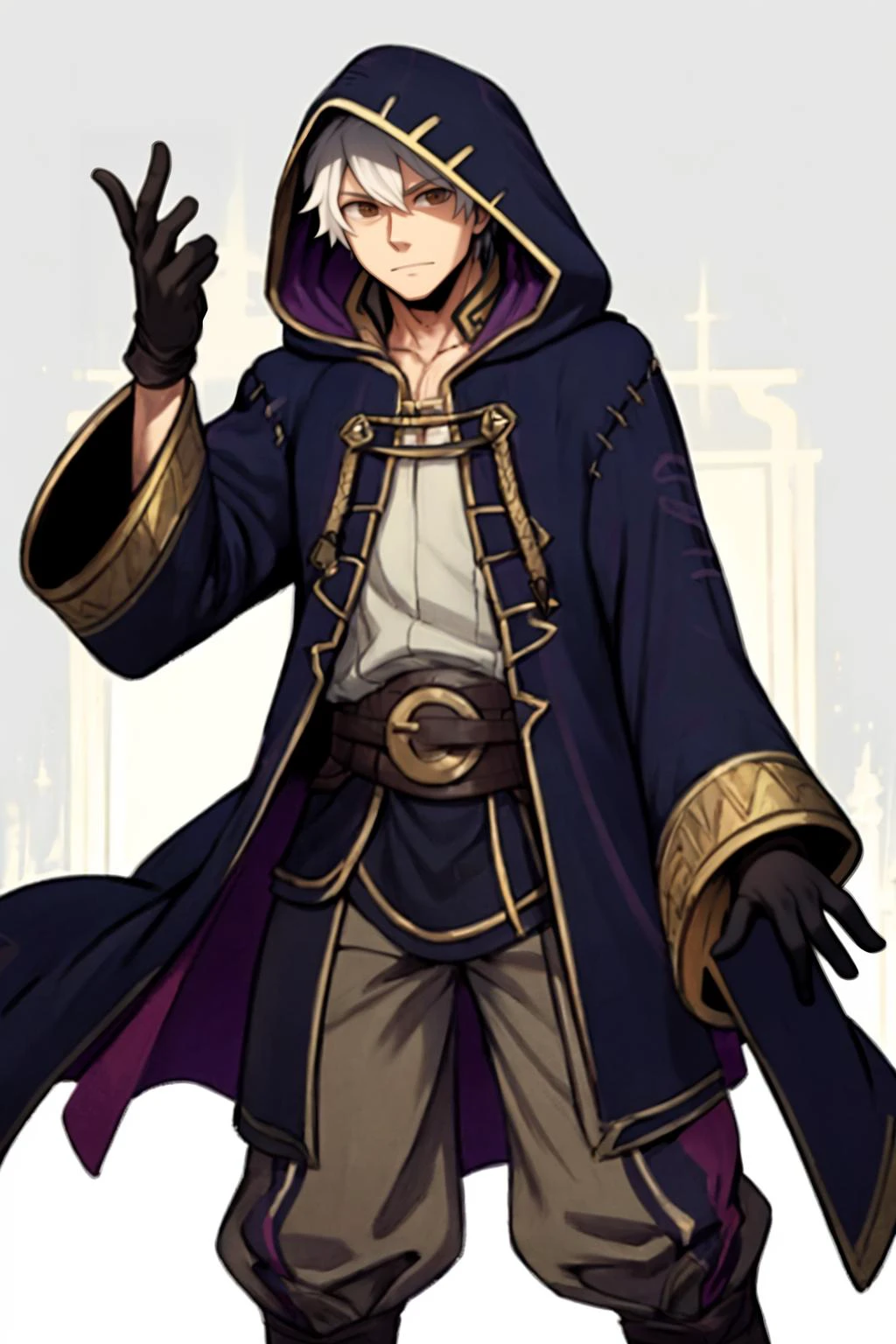 best quality, male focus, 3/4 shot, <lora:fireemblem_robin_male-11:.9> malerobin, brown eyes, wizard, robe, hood, pants, gloves