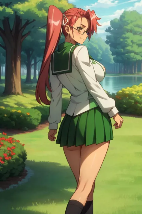 (masterpiece, best quality, 4k, ultra high res), 1girl, solo,<lora:anime_screencap_v2:0.3> tall body, tall, long legs, mature female, mature, adult, <lora:GoodHands-beta2:1.4>, outdoors, park, garden, lake, sunshine, sunlight, bright, greenery, glasses,<lora:eft_hotd_pink:0.7> eft_hotd_pink, twintails, school uniform, skirt, breasts, long hair, serafuku, green skirt, ribbon, hair ribbon, brown eyes, large breasts, pleated skirt, socks, pink hair, red hair, bow, long sleeves, from behind, looking back,smiling,