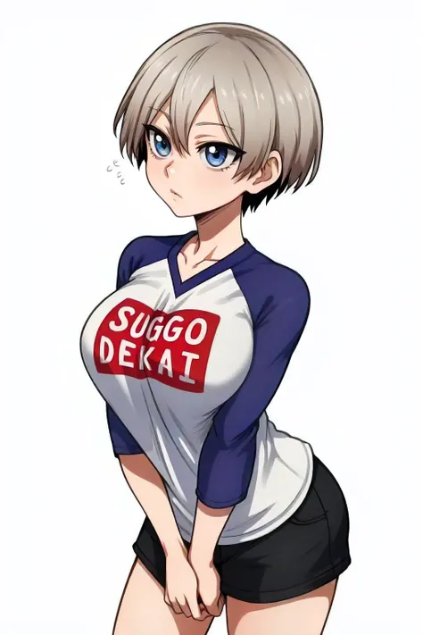 <lora:Uzaki_Hana-DEF:0.7> hana, short hair, written shirt "SUGOI DEKAI", raglan sleeves, cowboy shot, white background