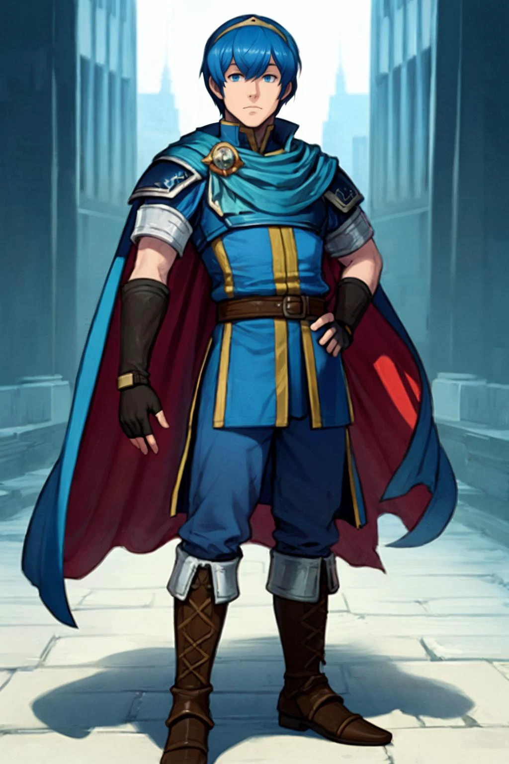 best quality, solo, mature male focus, Standing, <lora:marth-nvwls-v1-final:.9> marth, tiara, cape, armor, blue tunic, fingerless gloves, belt, pants, boots