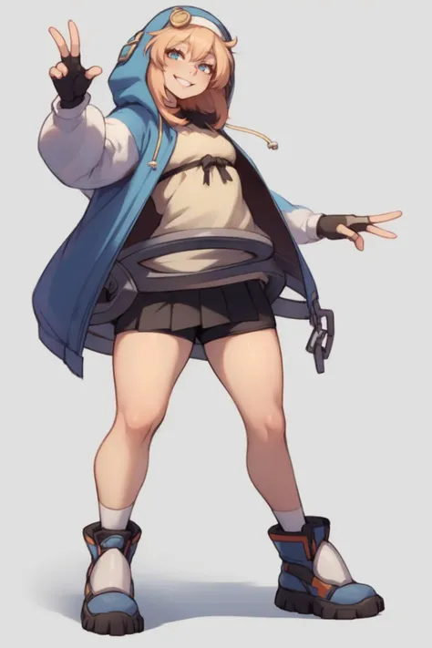 <lora:GGS_Bridget-DEF:0.7> ggs_bridget, solo, hooded jacket, fingerless gloves, shorts, skirt, full body, handcuff, posing, smile, white background