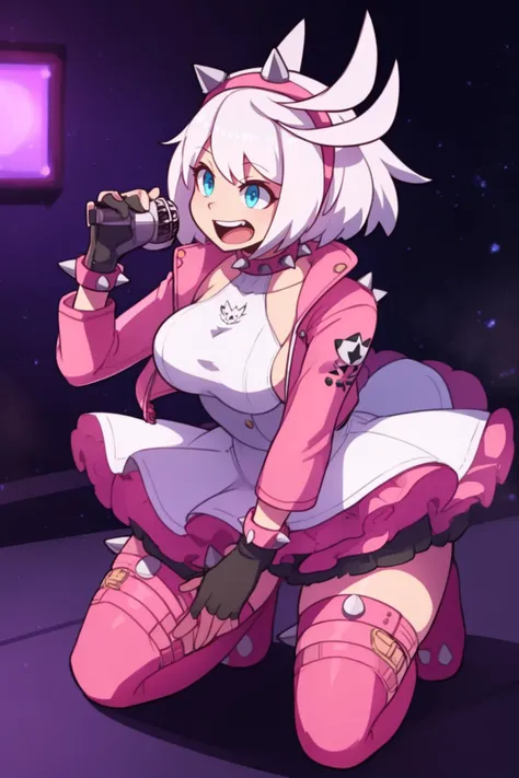 <lora:GGS_Elphelt-TEST:0.8> elphelt, solo, hairband, spiked choker, halterneck dress, gloves, pink jacket, open mouth, holding condenser microphone, white hair, stage, on knees