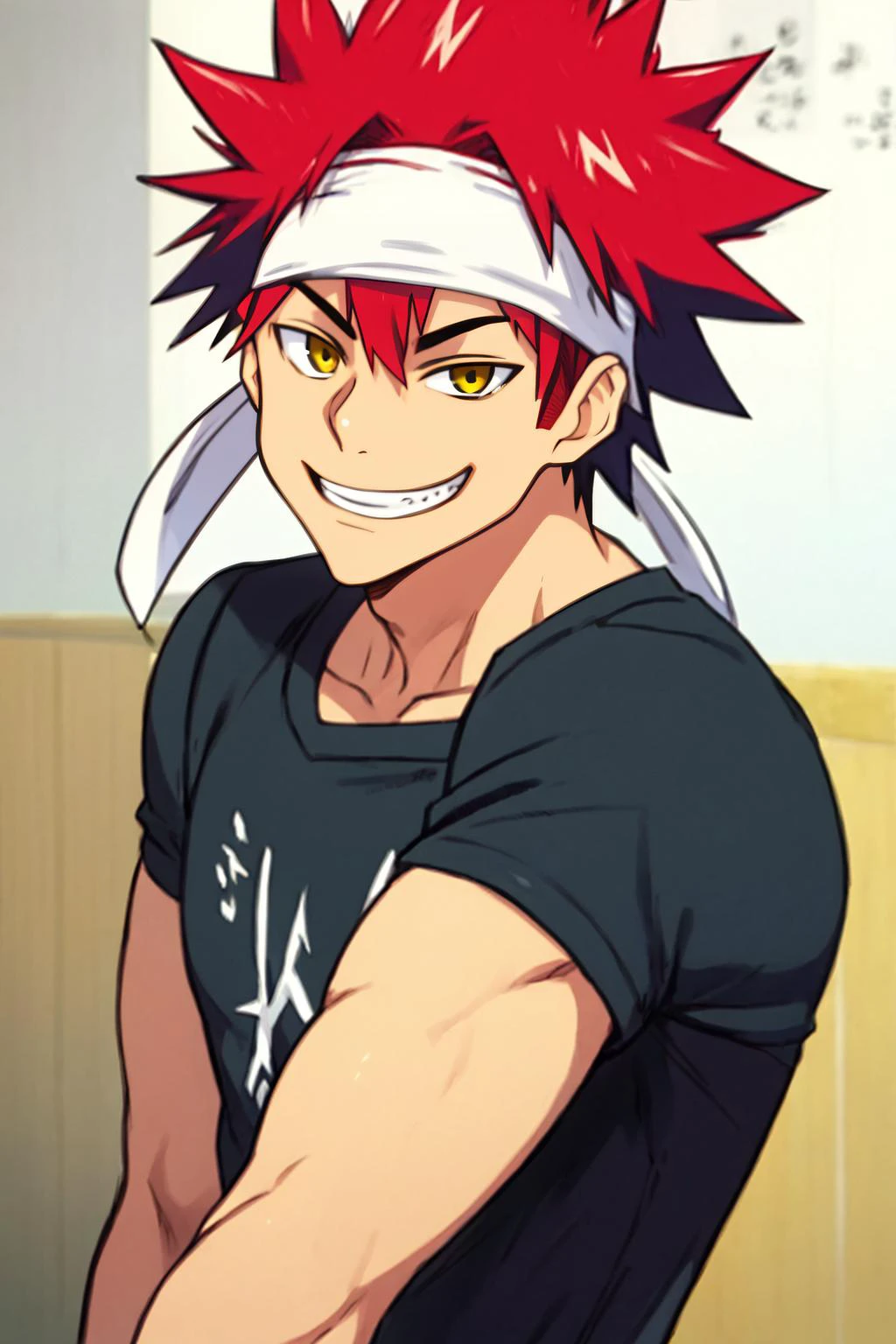 best quality, solo, mature male focus, head tilted to the side, <lora:yukihira_souma:1> yukihira_souma, red_hair, spiked_hair, black shirt, white headband, grin