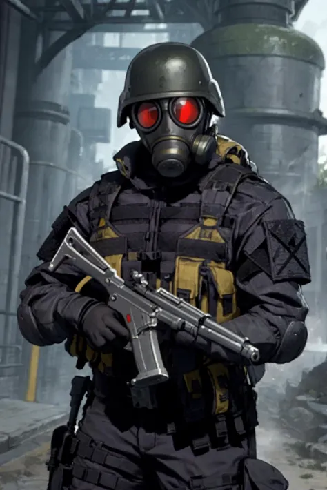 best quality, solo, mature male focus, Looking straight at the camera, <lora:HUNK:.9> HUNK, helmet, goggles, tactical gear, holding weapon, submachine gun,