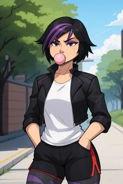 <lora:BH6_Tomago-DEF:0.7> tomagodef, streaked hair, curvy, makeup, straight face, black jacket, white shirt, shorts, leggings, hands in pocket, chewing bubblegum, outdoors