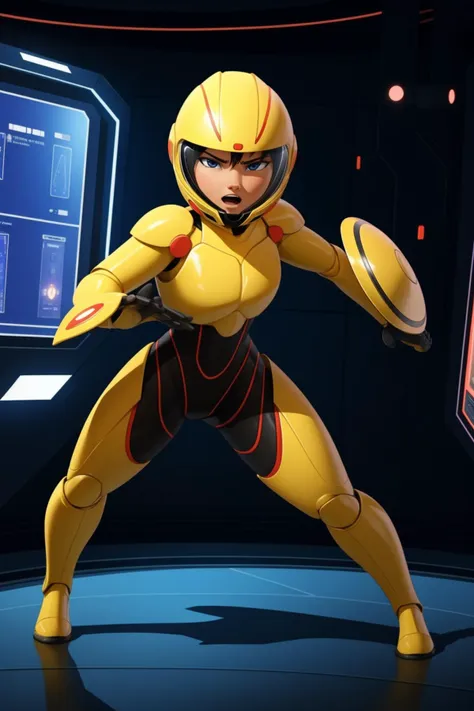 <lora:BH6_Tomago-DEF:0.7> tomagosuit, helmet, yellow breastplate, black bodysuit, sci-fi room, dynamic position