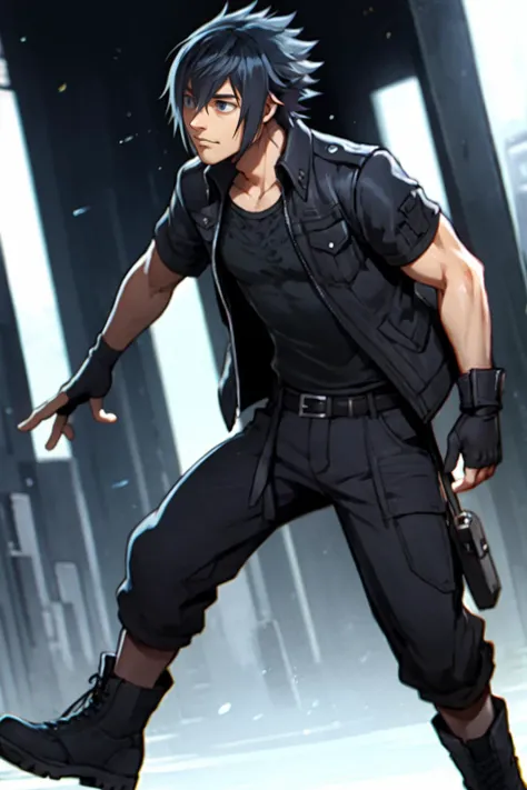 best quality, solo, mature male focus, looking off into the distance, <lora:noctis-nvwls-v1-final:.9> noctis, black jacket, fingerless gloves, black shirt, belt, black pants, boots