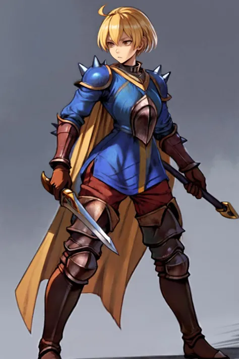 best quality, solo, mature male focus, Wide shot, <lora:RamzaBeoulveV1:.9> RamzaBeoulve, blonde hair, blue tunic, cape, brown gloves, thigh boots, black armor, red pants, spikes, bronze greaves, holding sword, <lora:add_detail:.5>
