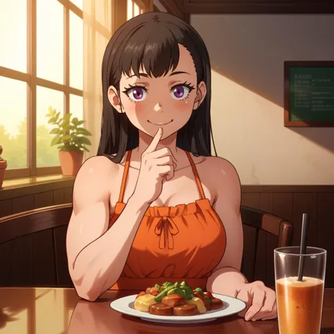 Best_QualityPos, RAW photo, intricate details, best quality, 8k uhd, soft lighting, 1girl, solo, MOV2, sundress, food, simple background, elbows on table, cup, blurry background, indoors, upper body, smile <lora:sitac:1> <lora:Maki Oze V2:0.6>