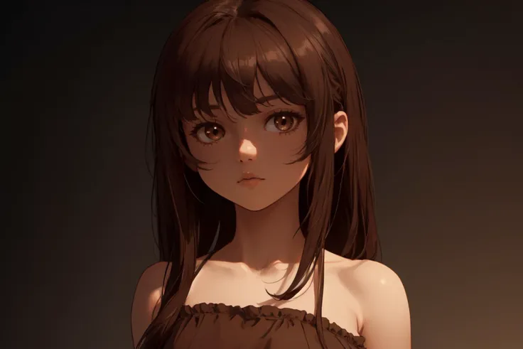 best-quality masterpiece highres young-girl ite solo 1girl standing brown-dress arms-at-sides long-hair portrait shade dark-brown-hair simple-background detailed cinematic-lighting