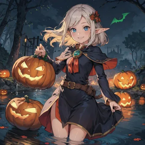 Raw,illustration,(muted color,partially colored:0.8),(hatching \(texture\)),detailed linear hatching,official art,recolored,flat color,
1girl,elf,mage,smile,fire sprite,halloween,dynamic angle,water,reflection,