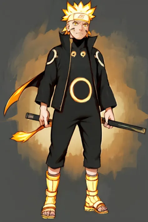 best quality, solo, mature male focus, looking off into the distance, <lora:Naruto_SixPaths-10:.9> Naruto, 1boy, yellow eyes, symbol-shape pupils, gold hair, headband, facial mark, Black bodysuit, tomoe \(symbol\), golden jacket, high collar, full body, golden sandals