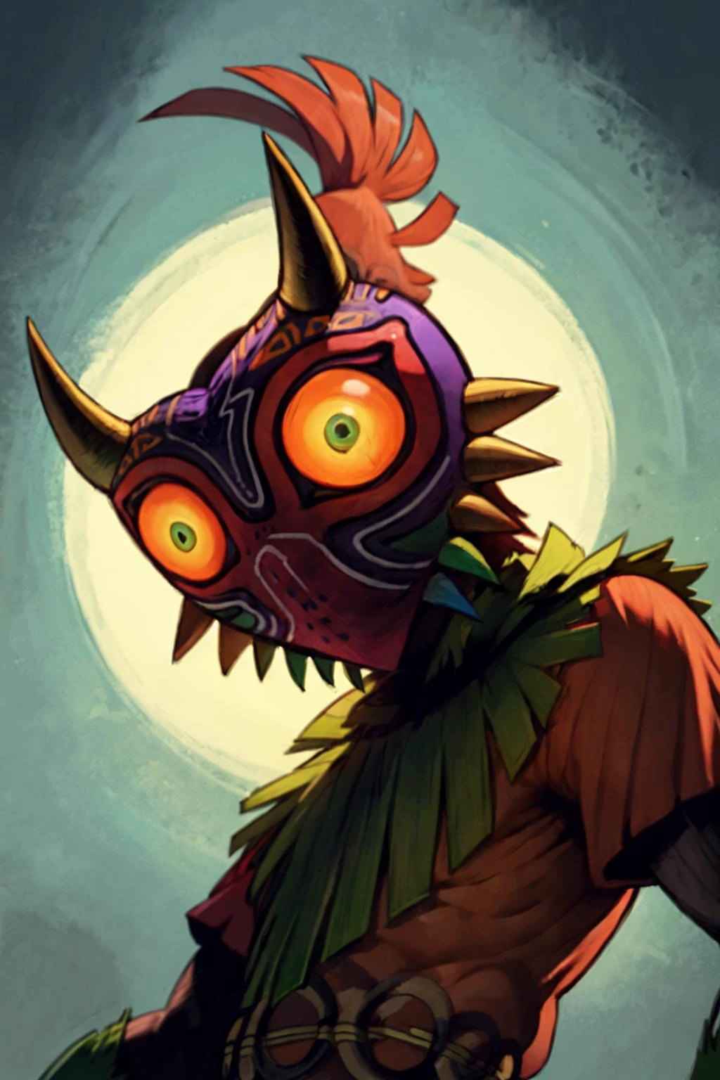 best quality, solo, mature male focus, head tilted to the side, <lora:Majora_Zelda:.9> Majora_Zelda, solo, 1boy, mask, horns, glowing,