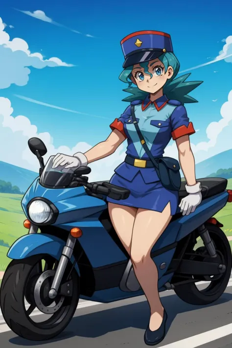 <lora:PKMN_Jenny-DEF:0.7> jenny (pokemon), gloves, satchel, police uniform, miniskirt, standing on police motorcycle, roadside, smile