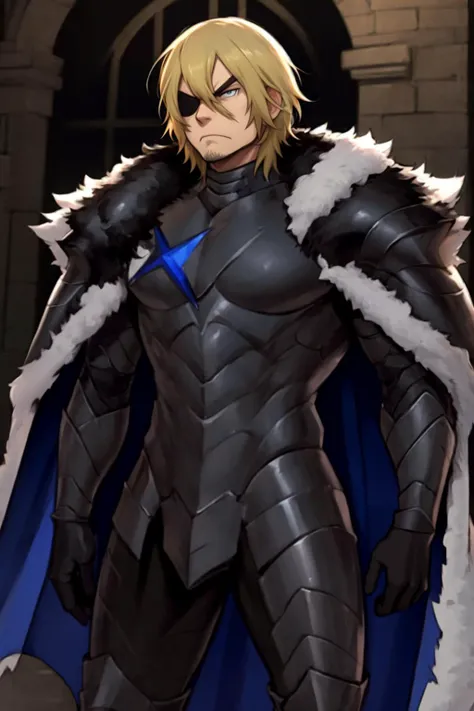 best quality, solo, mature male focus, Leaning, <lora:Dimitri:1> DimitriAfter, black armor, cape, angry,