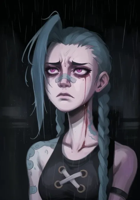 1girl, solo, <lora:yllicft:0.6> yllicft, rain, bandaid on nose, (blood on face:0.8), closed mouth, <lora:JinxLol:1> jinxlol, tired look, dark circles, upper body, simple background, dark background, <lora:Depression:0.4> depression