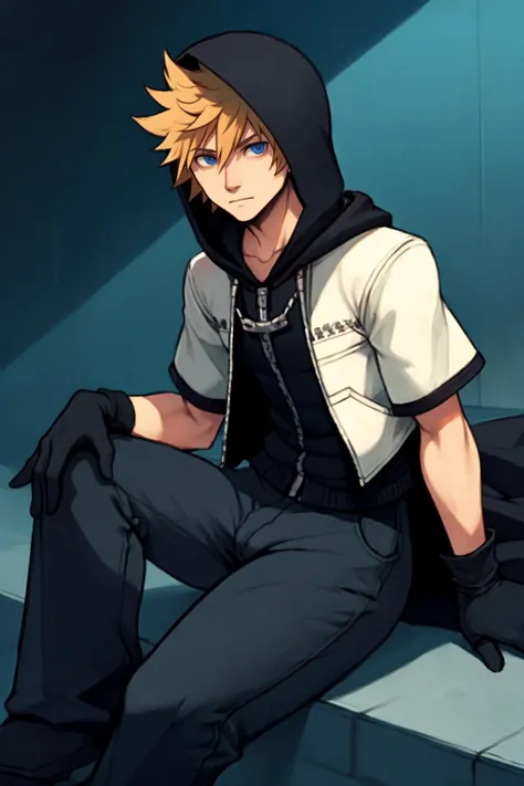 best quality, solo, mature male focus, Sitting, <lora:kingdomhearts_roxas-10:.85> khroxas, white jacket, short sleeves, pants, black robe, hood, black gloves