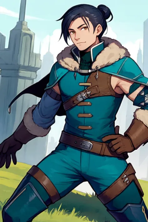 best quality, solo, mature male focus, Environmental portrait, <lora:felix-nvwls-v1-final:.9> warFelix, fur trim, capelet, teal jacket, brown gloves, armor, belt, teal pants, thigh boots