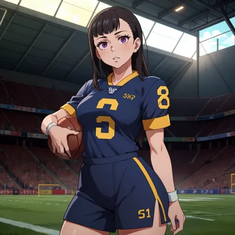 Best_QualityPos, RAW photo, intricate details, best quality, 8k uhd, soft lighting, 1girl, solo, MOV2, football uniform <lora:Maki Oze V2:0.5>