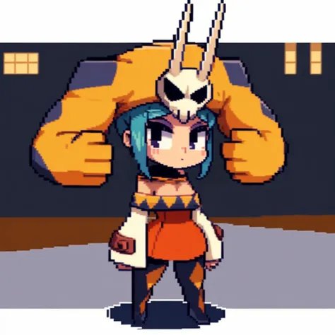 <lora:SG_Cerebella-TEST:0.8> cerebella, horns, hat, makeup, exposed shoulders, long sleeves, dress, thighhighs, chibi style, pointy legwear, streets, videogame character, pixel art