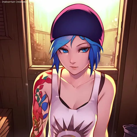 Best_QualityPos, RAW photo, intricate details, best quality, 8k uhd, soft lighting, 1girl, solo, chloe price, blue hair, blue eyes, arm tattoo, short hair, hat, white tank top <lora:Chloe_Price:1>