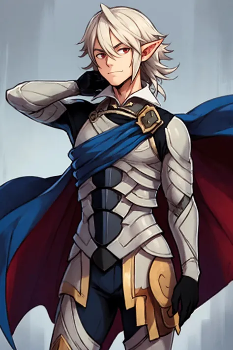 best quality, solo, mature male focus, Looking straight at the camera, <lora:fireemblem_corrin_male-10:.9> malecorrin, pointy ears, armor, cape, gloves