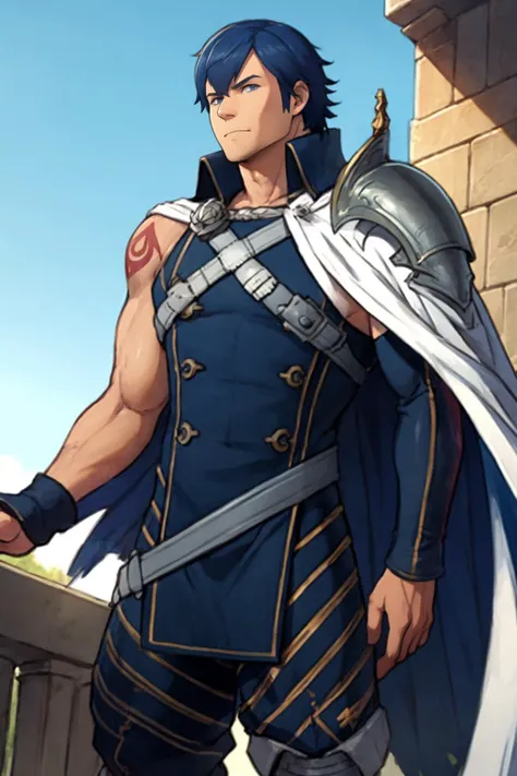 best quality, solo, mature male focus, Wide shot, <lora:fireemblem_chrom-10:.9> chrom, tattoo, armor, cape