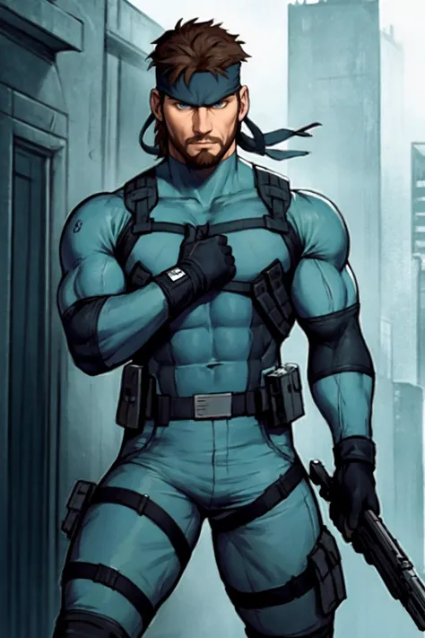 best quality, solo, mature male focus, Looking straight at the camera, <lora:solidsnake-nvwls-v1-final:1> solid snake, facial hair, blue bodysuit, gloves, headband, holding weapon, pistol