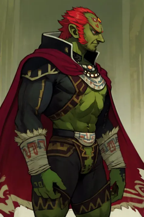 best quality, solo, mature male focus, Looking off to the side, <lora:OoT_Ganondorf_Zelda_Anime:1> OoT_Ganondorf_Zelda, solo, (green skin), cape, insane eyes,