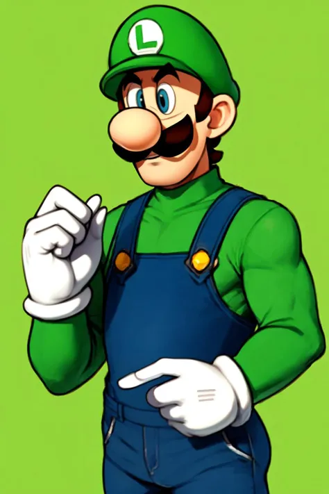 best quality, solo, mature male focus, looking over one shoulder, <lora:Luigi:.7> Luigi, mustache, green long sleeves, blue overalls, gloves, mustache,