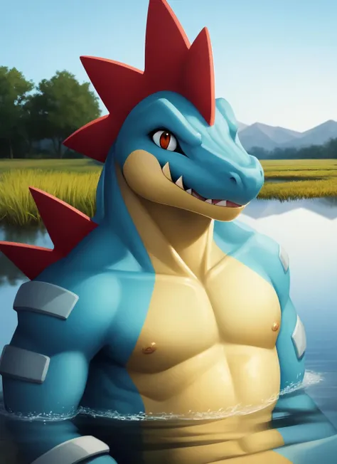 feraligatr, scalie male anthro, reptile boy, portrait, tranquil, solo, scales, (best quality), (marshland pond background:1.2), day, detailed, looking at viewer, sharp teeth, partially submerged, <lora:feraligatr-v1:1>