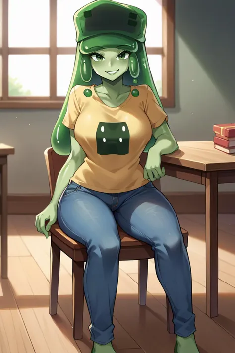 score_9, score_8_up, score_7_up, score_6_up, source_anime BREAK 1girl,  <lora:mcslime-pdxl-nvwls-v1-000005:1> slim3, green skin, slime girl, green hat, large breasts, yellow t-shirt, jeans, wide hips, looking at you, sitting, chair, smile