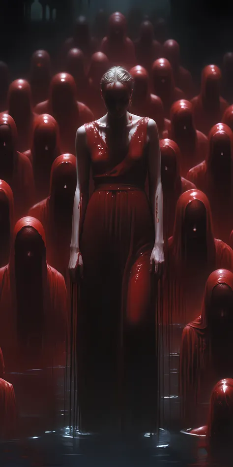 concept art by Gottfried Helnwein, a detailed matte painting, The image features a woman with a blood-red body submerged in a pool of blood, She appears to be in a dark and eerie setting, The woman is surrounded by multiple swords, dynamic pose, cinematic composition, dramatic, digital art, a storybook illustration, <lora:add-detail-xl:0.8>