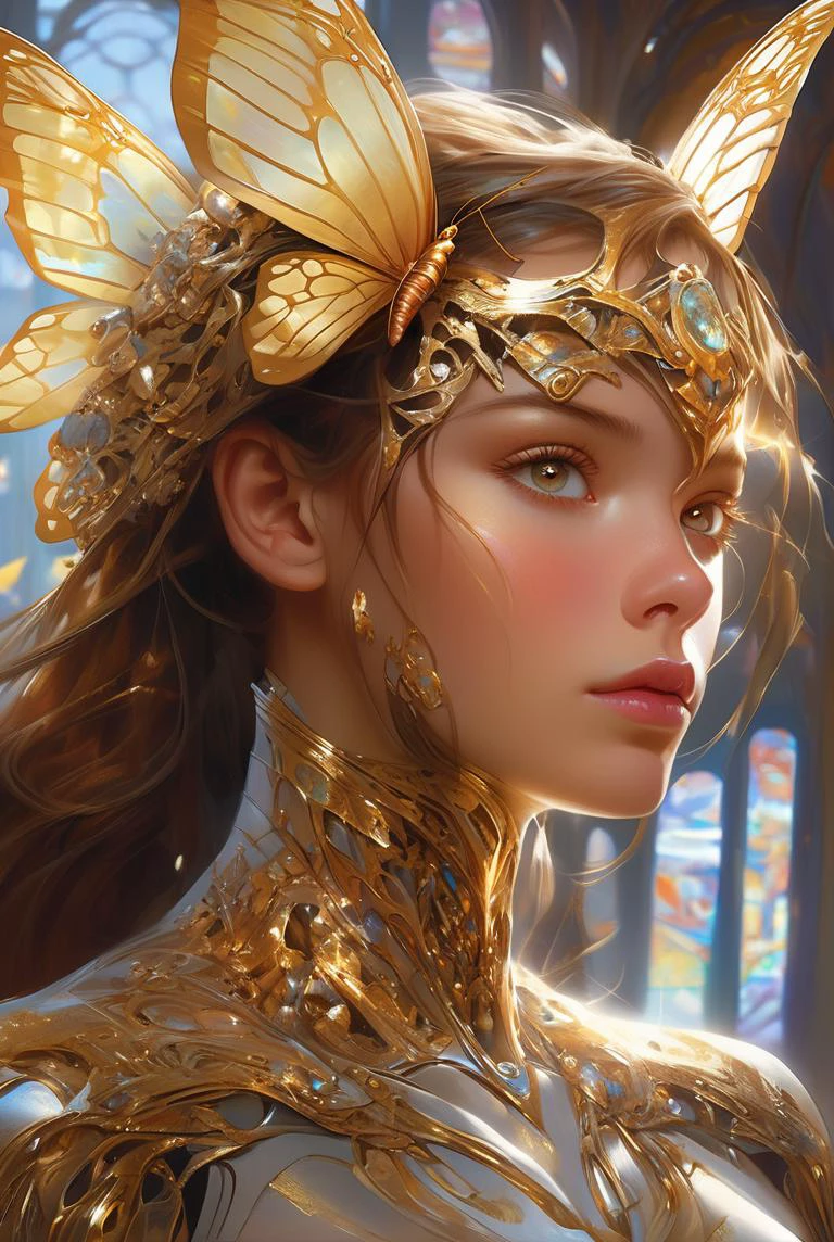 8k portrait of beautiful cyborg with brown hair, intricate, elegant, highly detailed, majestic, digital photography, art by artgerm and ruan jia and greg rutkowski surreal painting gold butterfly filigree, broken glass, (masterpiece, sidelighting, finely detailed beautiful eyes: 1.2), hdr, <lora:more_details:0.2>