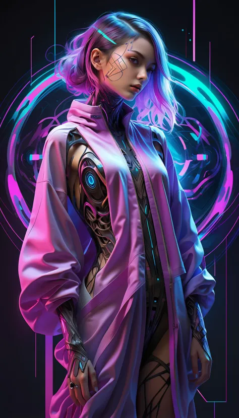 1 biomech female, oversized clothing, 3/4 portrait, synthwave, liquid smoke, ,sacred geometry pattern, psychedelic interconnections by Bayard Wu ,