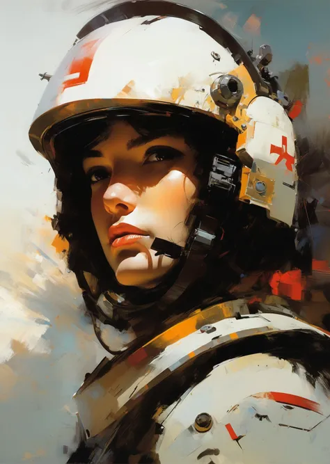 1 warrior,  detailed face
detailed, gradient shadow, (best quality)
sci-fi futuristic 
art by Adrian Ghenie   Jean Giraud