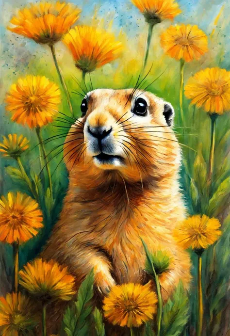whimsical natural still life made a (oil pastel:1.25) of a {prairie dog, on nature dandelions in all phases - from seed to bud, a rich variety of greenery around, convey the airy tenderness of the colors}, saturated professional pigments, cheerful color scheme, by (Jean-Francois Millet:1.36), 4k textures, ultra detailed, trending in artstation
