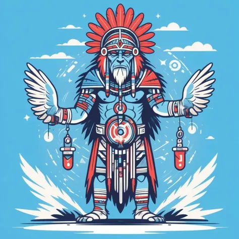 flat mascot of a shaman {noth electric ethnic, tambourine screen, on front cuneiform cyber implant tattoo, an rattle with fluffy feathers as wifi antens}, fantasy ai spirits on background, blue and red