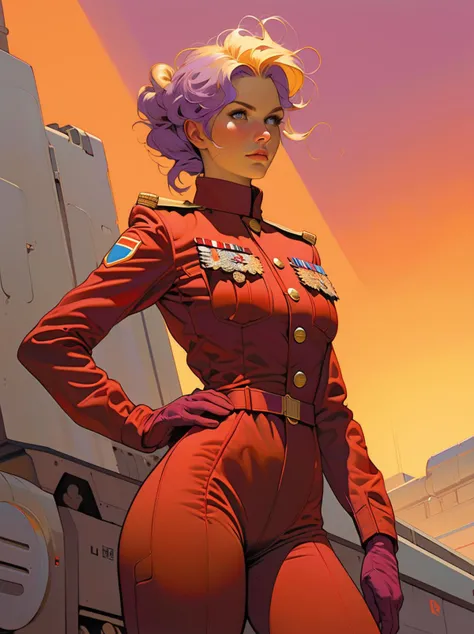 art by (moebius:1.2) , female military officer, bulging breasts uniform, purple hair, ground level shot of a woman, (((full body))), 21 years old, golden hair, light freckles, beautiful detailed eyes, , silhouetted against the bright light, finely articulated, crisp definition, in frame), art by (moebius:1.2)